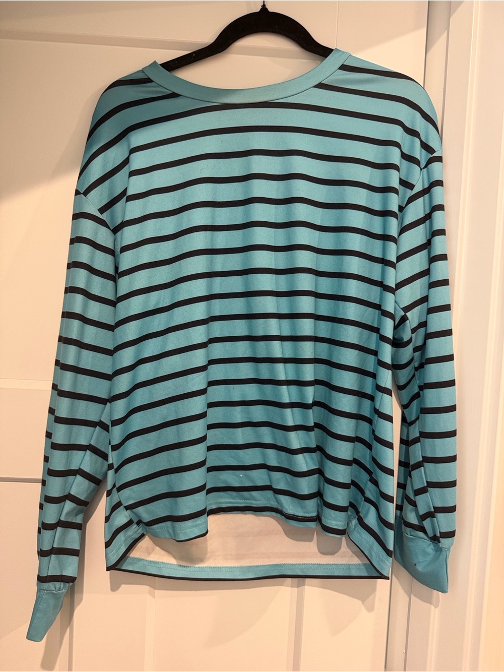 Size L Striped Long-Sleeve Crewneck Top - Aqua/Black